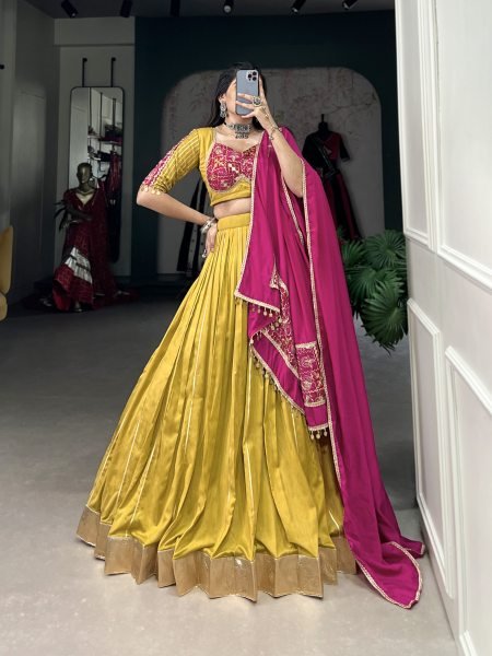 Navratri Collection Gamthi work Chanderi Lehenga Set with Zari Line Gota Patti   Sequins Work Dupatta Navratri Lehnega Choli