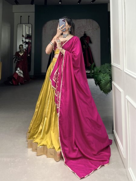 Navratri Collection Gamthi work Chanderi Lehenga Set with Zari Line Gota Patti   Sequins Work Dupatta Navratri Lehnega Choli