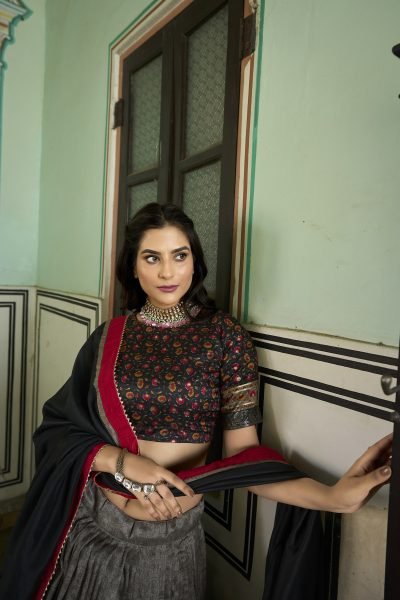 Navratri Look New Arrival Grey Pure Tussar Silk Kashmiri Print Lehenga Choli Navratri Lehnega Choli
