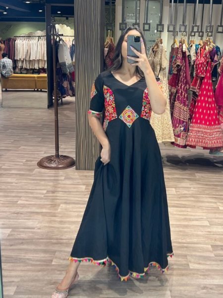 Navratri Noir Traditional Gamthi Work Gown in Roman Silk 