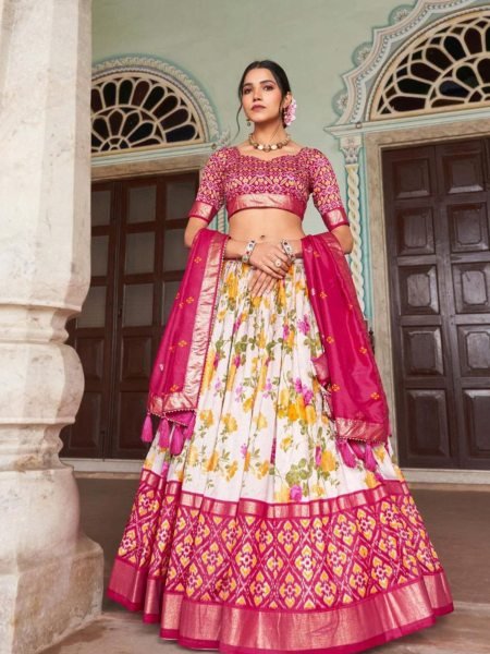 Navratri Royale Pink Tussar Silk Chaniya Choli Set with Foil Patola & Cancan Flair