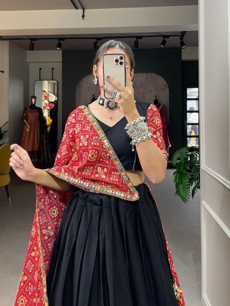 Navratri Special Black Pure Cotton Gamthi Work Lehenga Choli Navratri Lehnega Choli