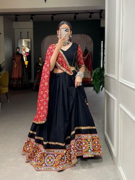 Navratri Special Black Pure Cotton Gamthi Work Lehenga Choli Navratri Lehnega Choli