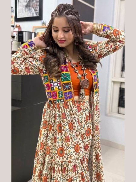 Garba Ready Cotton Mirror Lehenga with Kachchi Shrug Navratri Special 