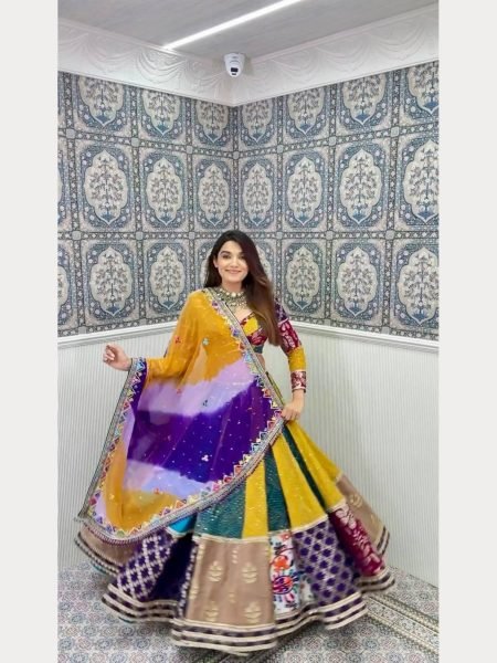 Navratri Special Digital Print With Golden Lace Chinon Lehenga Choli  Navratri Lehnega Choli