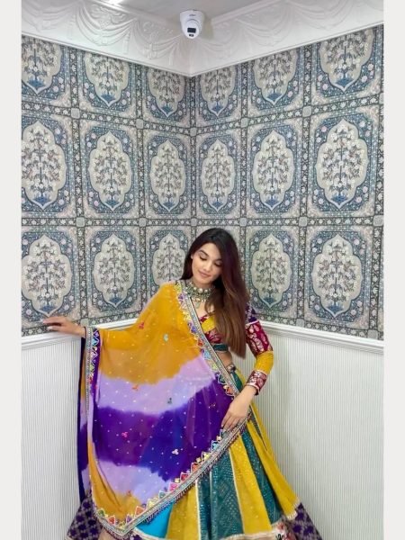 Navratri Special Digital Print With Golden Lace Chinon Lehenga Choli  Navratri Lehnega Choli