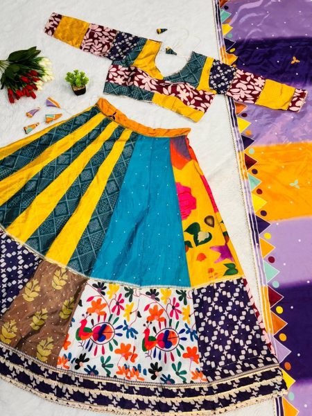 Navratri Special Digital Print With Golden Lace Chinon Lehenga Choli  Navratri Lehnega Choli