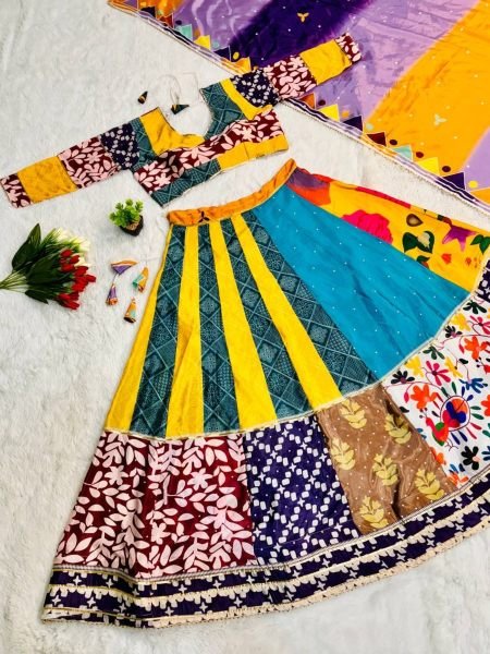 Navratri Special Digital Print With Golden Lace Chinon Lehenga Choli  Navratri Lehnega Choli