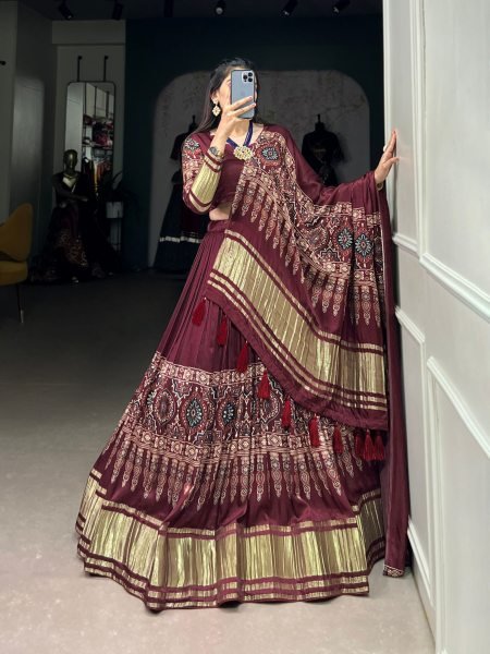  navratri special Graphic Print Stitched Maroon Lehenga Choli Set 