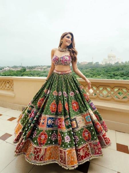 Navratri Special Green Color Mirror Work Lehenga Choli with Dupatta At Wholesale Rate 