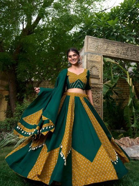  Navratri Special Latest Elegance Pure Cotton Mustard   Green Cotton Lehenga Choli 