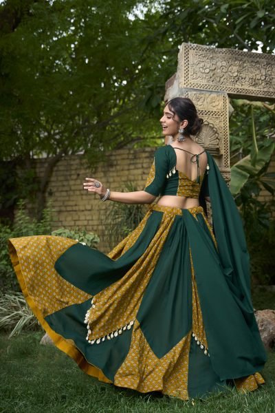  Navratri Special Latest Elegance Pure Cotton Mustard   Green Cotton Lehenga Choli Navratri Lehnega Choli