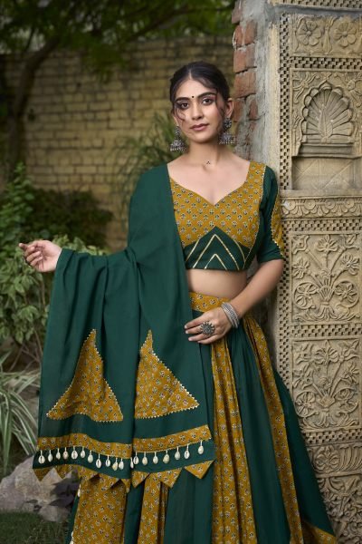  Navratri Special Latest Elegance Pure Cotton Mustard   Green Cotton Lehenga Choli Navratri Lehnega Choli