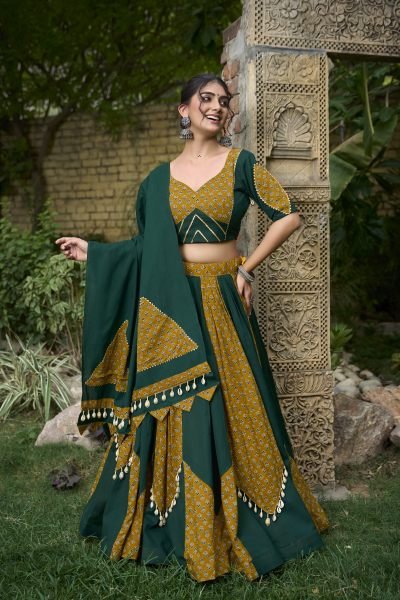  Navratri Special Latest Elegance Pure Cotton Mustard   Green Cotton Lehenga Choli Navratri Lehnega Choli