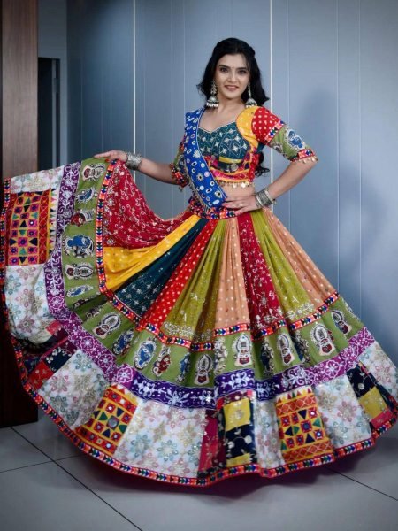 Navratri Special Multicolor Muslin Lehenga with Real Mirror Touch 