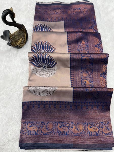 Navy Blue Banarasi Silk Saree With Lotus Zari Pallu Premium Traditional Look Banarasi Saree Wholesale
