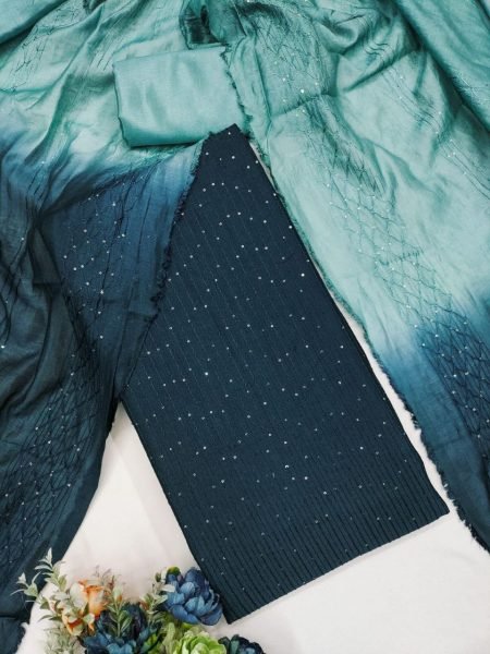  Navy Blue Chanderi Dress Material with Santoon Bottom Ideal for Night Functions  Color Set Matching Dress Material Wholesale
