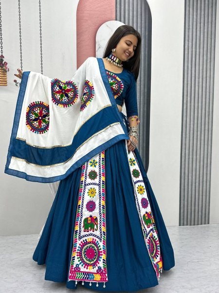 Navy Blue Cotton Lehenga Choli with 6 Mtr Big Flair and Lace Dupatta Wholesale Deal for Navratri  Lehenga