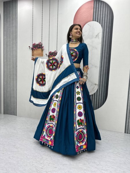 Navy Blue Cotton Lehenga Choli with 6 Mtr Big Flair and Lace Dupatta Wholesale Deal for Navratri Navratri Lehnega Choli