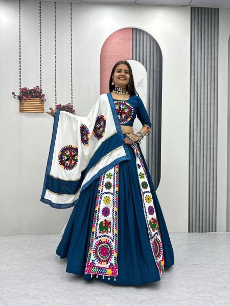 Navy Blue Cotton Lehenga Choli with 6 Mtr Big Flair and Lace Dupatta Wholesale Deal for Navratri Navratri Lehnega Choli