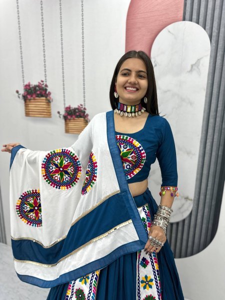 Navy Blue Cotton Lehenga Choli with 6 Mtr Big Flair and Lace Dupatta Wholesale Deal for Navratri Navratri Lehnega Choli
