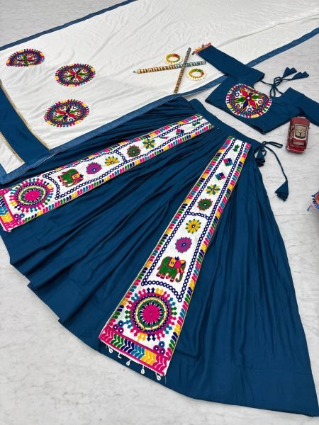 Navy Blue Cotton Lehenga Choli with 6 Mtr Big Flair and Lace Dupatta Wholesale Deal for Navratri Navratri Lehnega Choli