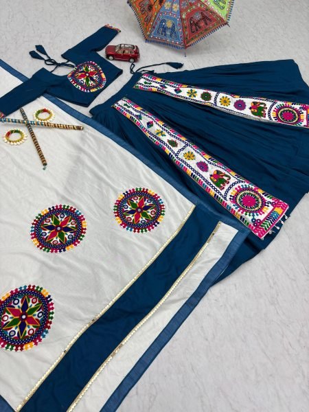 Navy Blue Cotton Lehenga Choli with 6 Mtr Big Flair and Lace Dupatta Wholesale Deal for Navratri Navratri Lehnega Choli