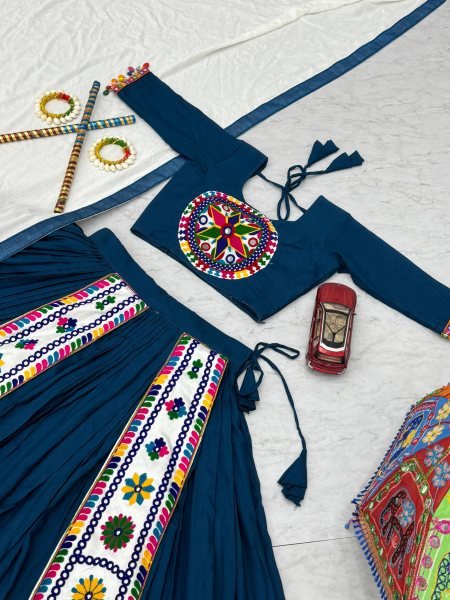 Navy Blue Cotton Lehenga Choli with 6 Mtr Big Flair and Lace Dupatta Wholesale Deal for Navratri Navratri Lehnega Choli