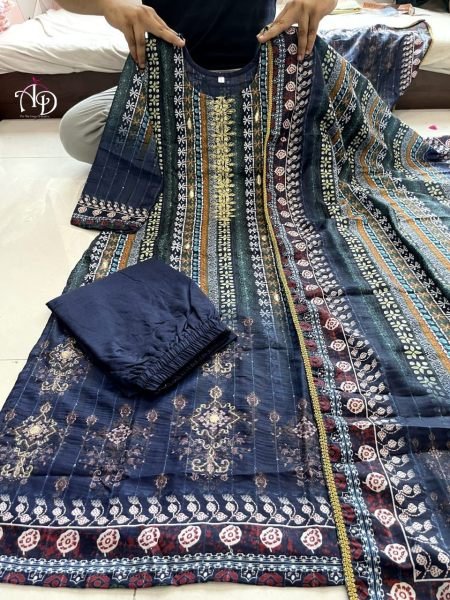 Navy Blue Full Gotta Work   Neck Embroidery Kurti Pant Set  3 Piece Kurti Set