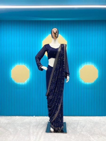 Navy Blue Georgette Festival Wear Saree With Embroidery Sequance Work Embroidery Sarees Wholesale