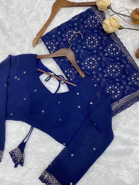 Navy Blue Georgette Festival Wear Saree With Embroidery Sequance Work Embroidery Sarees Wholesale