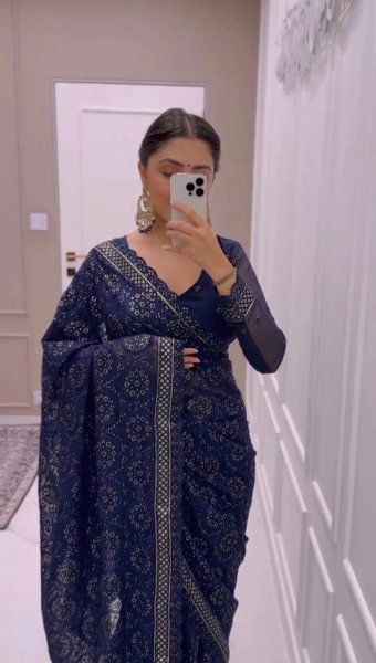 Navy Blue Georgette Festival Wear Saree With Embroidery Sequance Work Embroidery Sarees Wholesale