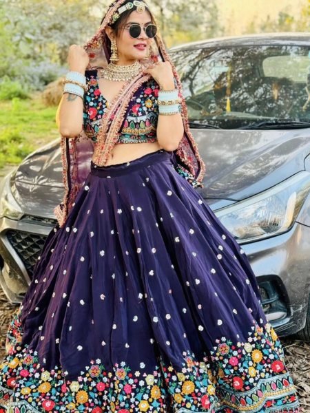 Navy Blue Georgette Lehenga with Floral Embroidery Perfect for Garba & Wedding Nights 