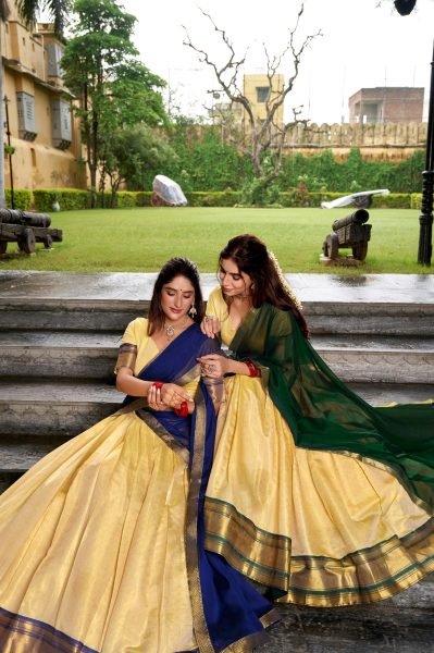 Navy Blue Kanchipuram Lehenga Choli with Zari Detailing for Half Saree Style Half Saree Lehenga