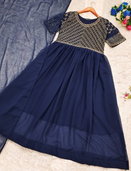 Navy Blue Premium Festive Wear  Anarkali Dress In Best Price  Kurti With Dupatta Wholesale