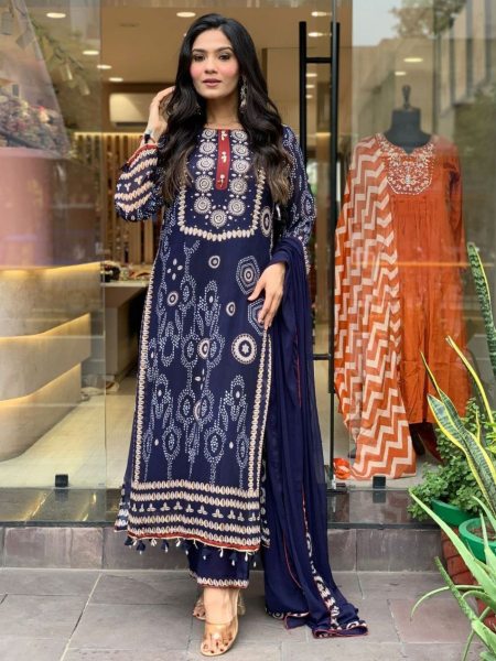 Navy Blue Pure Dimond Silk Kurti Pant With Dupatta  3 Piece Kurti Set