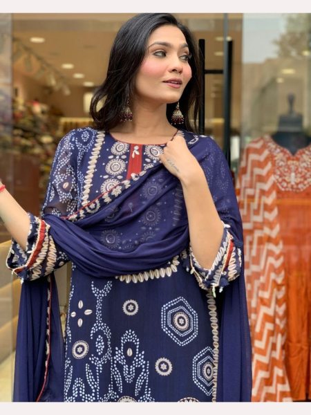 Navy Blue Pure Dimond Silk Kurti Pant With Dupatta  3 Piece Kurti Set