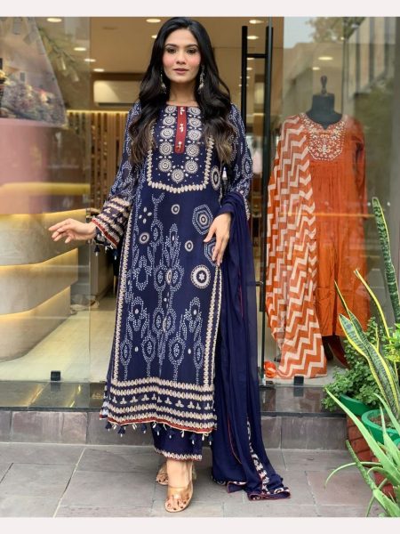 Navy Blue Pure Dimond Silk Kurti Pant With Dupatta  3 Piece Kurti Set