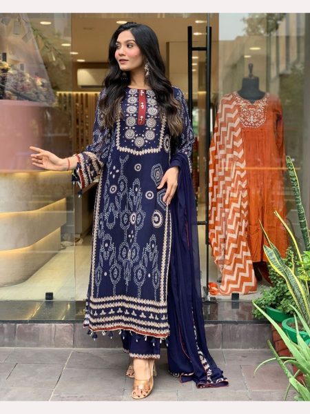 Navy Blue Pure Dimond Silk Kurti Pant With Dupatta  3 Piece Kurti Set