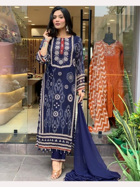 Navy Blue Pure Dimond Silk Kurti Pant With Dupatta  3 Piece Kurti Set