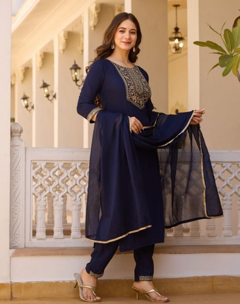 Summer Collection Navy Blue Rayon Embroidery Designer Churidar Suit 