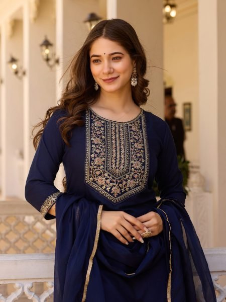 Summer Collection Navy Blue Rayon Embroidery Designer Churidar Suit 3 Piece Kurti Set