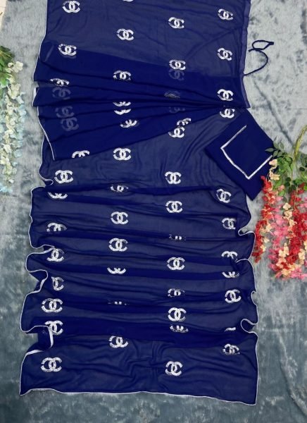 Navy Blue Ready To Wear Saree With Embroidery Work  Ready To Wear Saree 