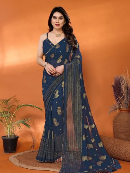Navy Blue Soft Georgette Saree with Foil Work Border Premium Wedding Wear Sarees 