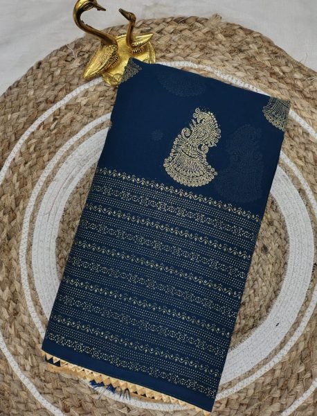 Navy Blue Soft Georgette Saree with Foil Work Border Premium Wedding Wear Georgette Sarees Wholesale