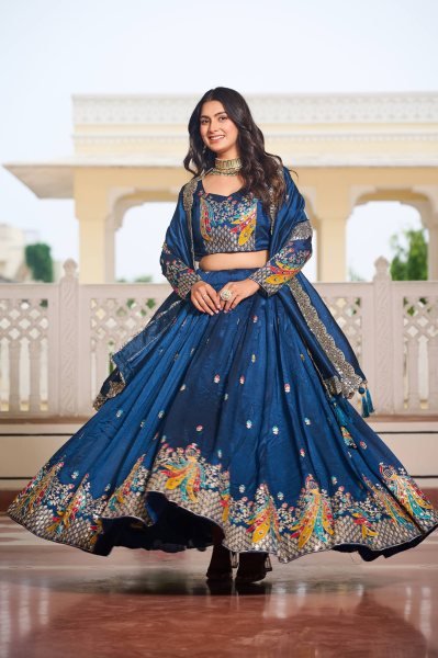 Navy Blue Vichitra Silk Lehenga Choli Set Sequin Embroidered Wedding Style Designer Lehenga Choli