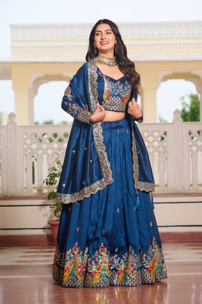 Navy Blue Vichitra Silk Lehenga Choli Set Sequin Embroidered Wedding Style Designer Lehenga Choli