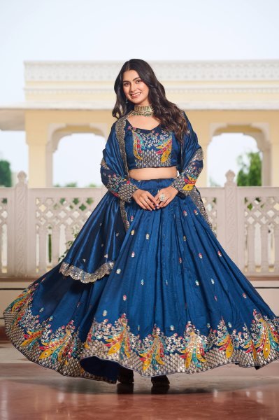 Navy Blue Vichitra Silk Lehenga Choli Set Sequin Embroidered Wedding Style Designer Lehenga Choli