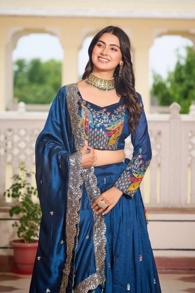 Navy Blue Vichitra Silk Lehenga Choli Set Sequin Embroidered Wedding Style Designer Lehenga Choli