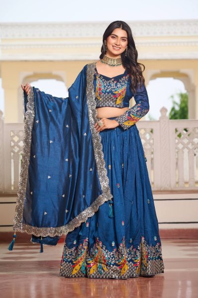 Navy Blue Vichitra Silk Lehenga Choli Set Sequin Embroidered Wedding Style Designer Lehenga Choli